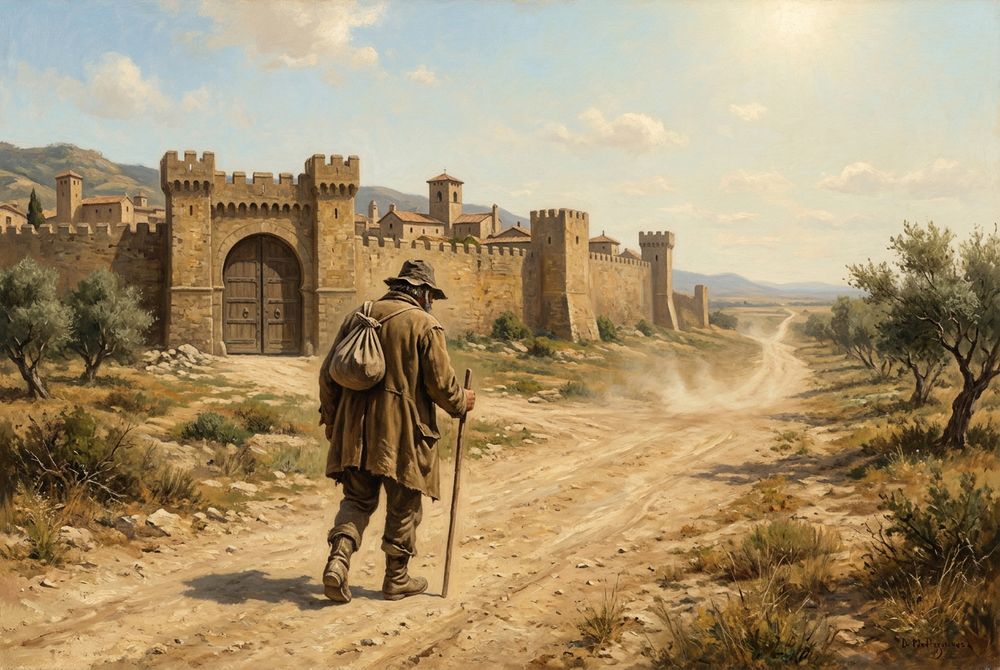 A traveler on a dusty road leading away from a walled town