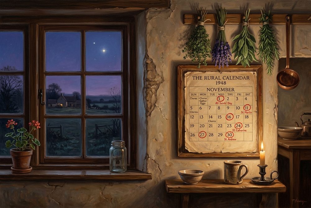A kitchen wall calendar with days circled in red, pies cooling below