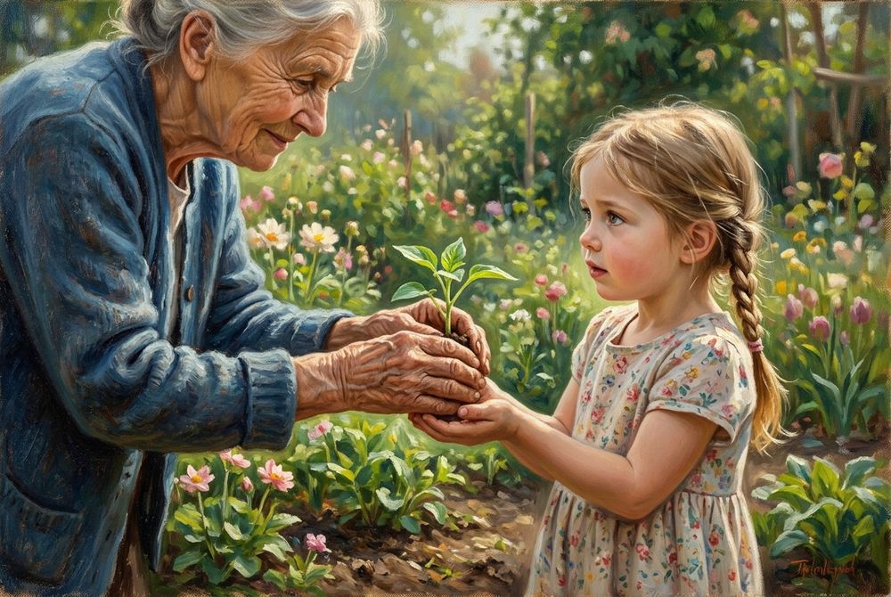 An elderly woman placing a seedling into a child&rsquo;s hands