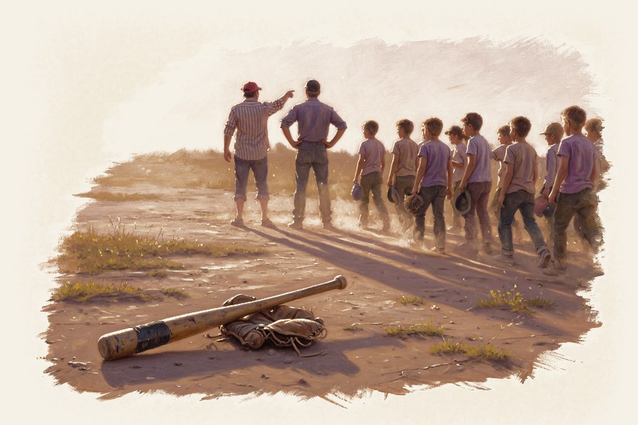 Choosing sides for a sandlot game at golden hour