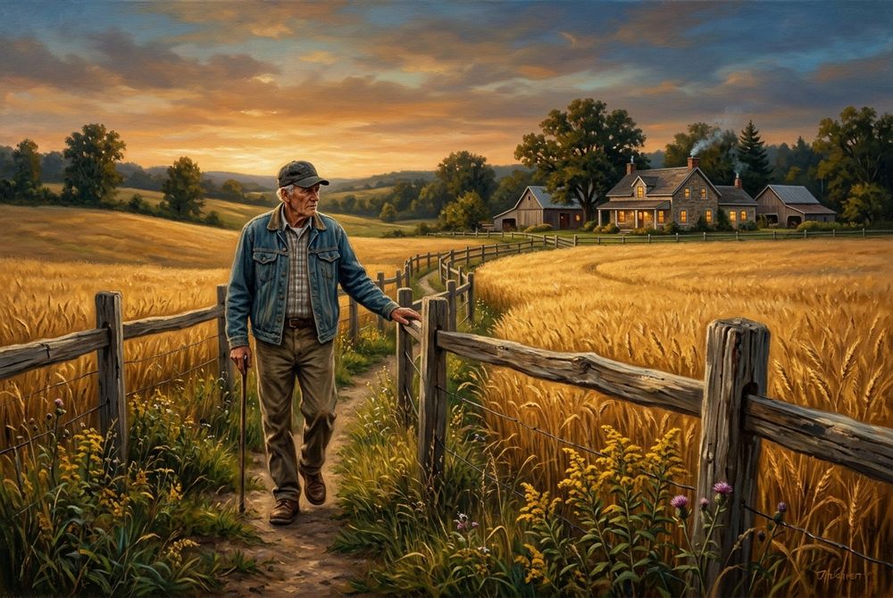 A farmer walking his fence line at golden evening